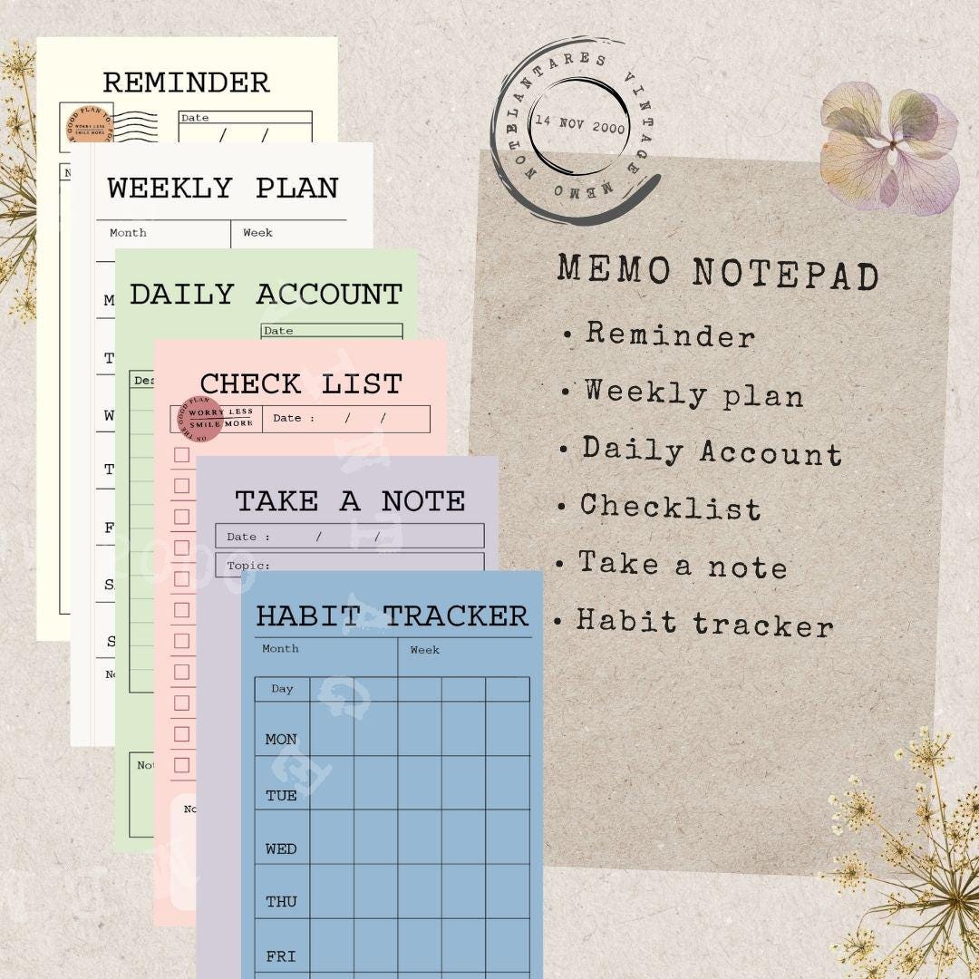 Vintage Memo Pad Set | Planner, Checklist, Habit Tracker (digital ...