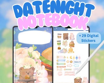 May include: A digital planner with a cute cartoon illustration of a bear and a bunny holding a burger. The planner has a blue and white background with a white space for writing. The image also includes 29 digital stickers with various designs, including stars, hearts, and arrows.