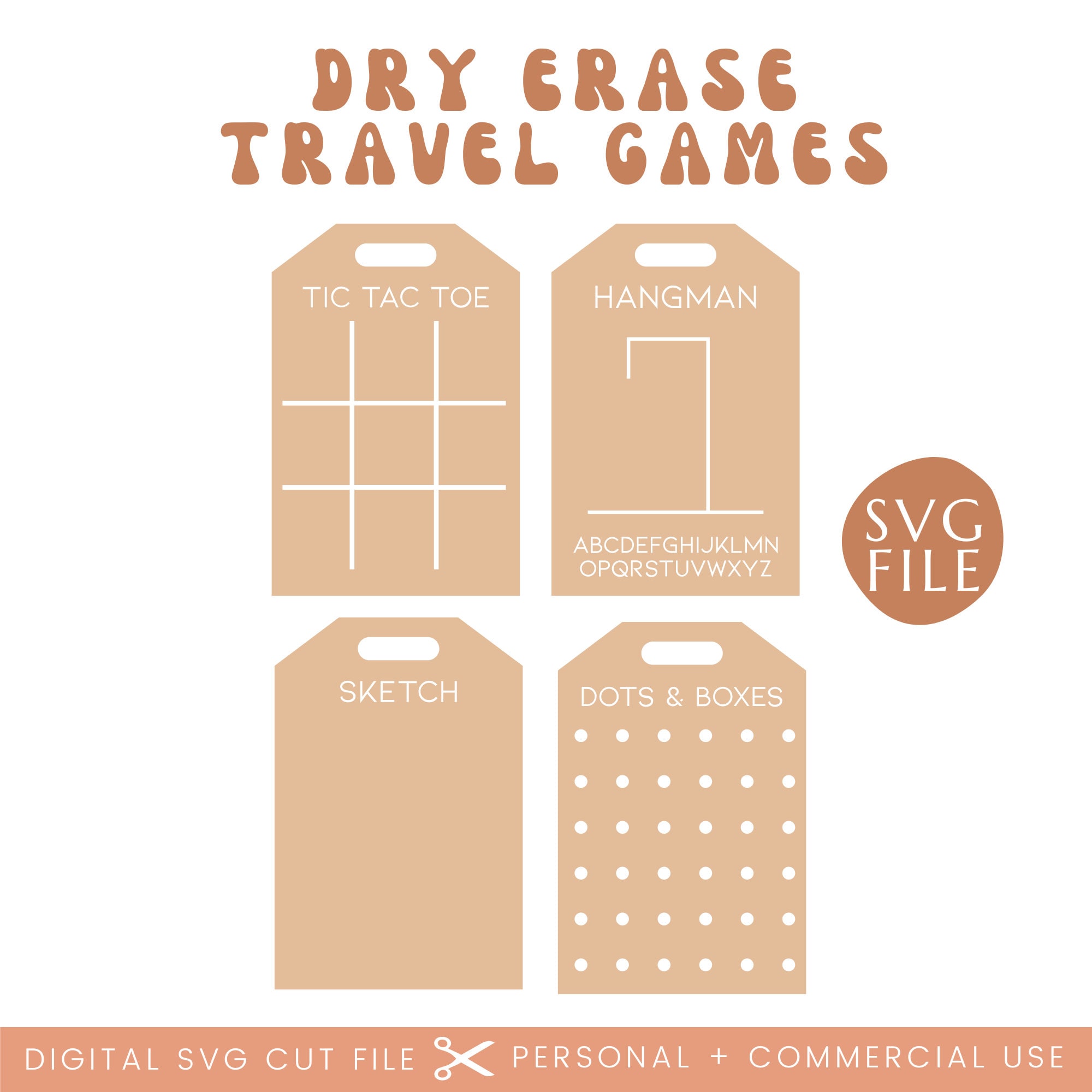 Travel Game Keychain Tags SVG: Tic Tac Toe, Hangman, Dots (Digital Download)