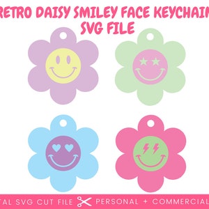 Rétro Daisy Smiley Face porte-clé SVG | Étiquette smiley marguerite SVG | Porte-clés rétro | Porte-clés Sourire | Le pouvoir des fleurs | Cadeau pour amie mignonne petite amie