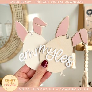 Fichier SVG oeuf de Pâques oreilles de lapin | Étiquette de nom de panier de Pâques | Étiquette Svg lapin Glowforge | Fichier Svg de Pâques | Fichier découpé au laser pour oeuf de Pâques