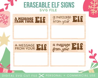 May include: Four brown wooden signs with white spaces for writing. Each sign has the text "A message from your Elf" in brown letters. The signs are perfect for a Christmas Elf on the Shelf activity.