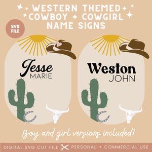 Western Cowboy Cowgirl Baby Namen Zeichen SVG | Glowforge Clipart | Jungen-Namenszeichen-Svg-Datei | Laser-Schnitt-Datei | PNG | Kaktus-Baby-Zeichen SVG-Datei Cricut