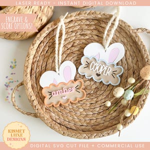 Osterhasenohren Namensschild SVG-Datei | Ostern Kokette Hasenohren Anhänger | Glowforge Tag zwart | Osterei-Form-Svg-Datei | Ostern Laser File