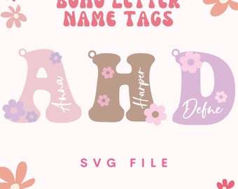 Retro Easter Daisy Letter Name Tag Keychain SVG | Smiley Daisy Tag SVG | Retro Keychain | Smile Key Ring | Flower Power Svg Cute Girls Gift