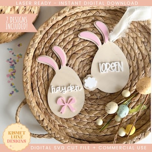 Osterei Floppy Bunny Ohren Namensschild SVG Datei | Osternest Namensschild | Glowforge Kaninchen-Tag-Svg | Ostern geschnitten Datei | Osterei Laser Cut Datei