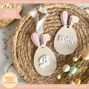 Osterei Hasenohren Namensschild SVG-Datei | Ostern Rattan Herz Anhänger | Glowforge Tag zwart | Osterei-Form-Svg-Datei | Ostern Laser Cut Datei
