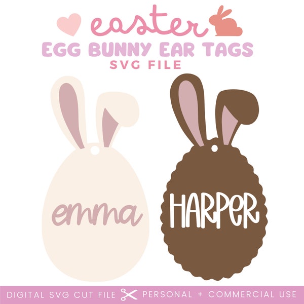 Easter Egg Bunny Ears Name Tag SVG File | Easter Rattan Heart Tag | Glowforge Tag Svg | Easter Egg Shape Svg File | Easter Laser Cut File