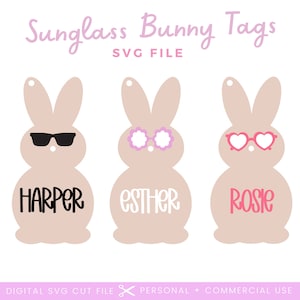 Coole Boho Sonnenbrille Osterhase Namensschild SVG-Datei | Osternest Namensschild | Glowforge Kaninchen-Tag-Svg | Kaninchen-Svg | Ostern Laser Cut Datei