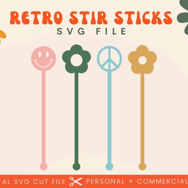 Groovy Retro Drink Stirrers SVG Cut File | Swizzle Sticks | 60s 70s Party | Groovy One Two Groovy Party | Cocktail Retro Party Drink Stirrer