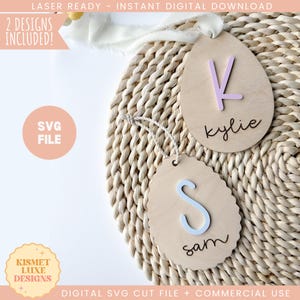 Easter Egg ronde sint-jakobsschelp naamplaatje SVG-bestand | Naamplaatje paasmandje | Glowforge Bunny Tag Svg | Pasen-svg-bestand | Lasergesneden paaseierenbestand
