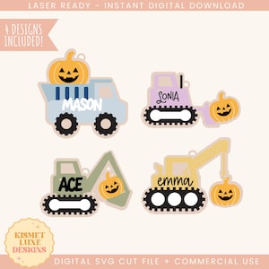 Bundozer pelle Halloween nom tag Bundle fichier SVG | Étiquette de nom de panier de Boo Svg | Médaillon pour garçon | Fichier laser Glowforge SVG d'étiquette de nom de citrouille