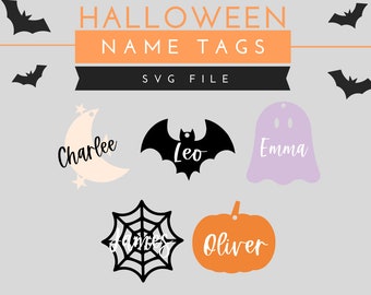 Halloween Name Tag SVG Files | Halloween Tags | Glowforge Halloween Cut File | Halloween Bat Pumpkin Spiderweb Ghost Moon Cut Cricut File