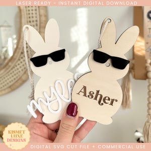 Cool zonnebril paashaas naamplaatje SVG-bestand | Naamplaatje paasmandje | Glowforge Bunny Tag Svg | Pasen-svg-bestand | Lasergesneden paasbestand