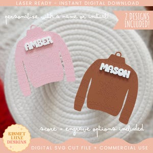 Weihnachtspullover Kokette Schleife Namensschilder SVG-Datei | Hässliche Pullover Weihnachten Ornament | Babys erste Weihnachten Glowforge Laser Cut File