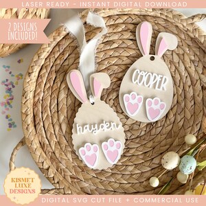 Osterei Hase Ohren und Füße Namensschild SVG-Datei | Ostern Herz Anhänger | Glowforge Tag zwart | Osterei-Form-Svg-Datei | Ostern Laser Cut Datei