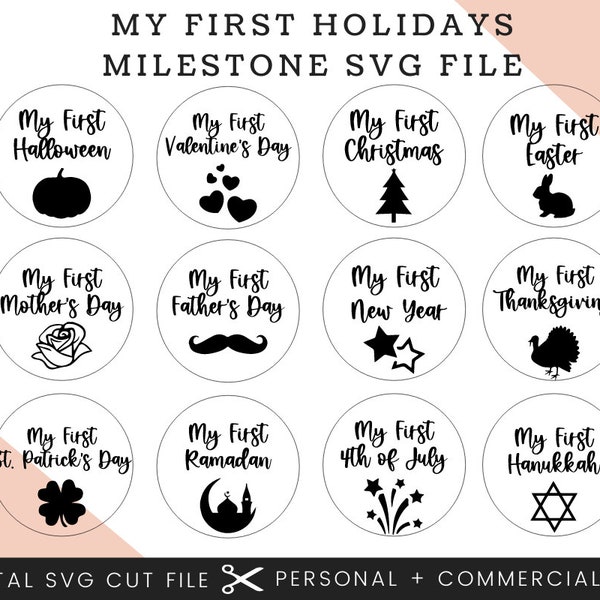 My First Holidays Baby Milestone Rounds SVG | Baby Monthly Milestone Rounds SVG PNG Glowforge | Cricut File | Digital File Baby Milestones