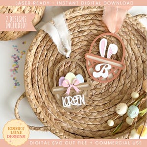 Fichier SVG d'étiquette de nom d'oeuf de panier de Pâques | Médaille de lapin pour panier de Pâques | Tag coeur Glowforge Svg | Fichier Svg en forme d'oeuf de Pâques | Fichier de Pâques découpé au laser