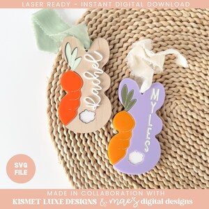 Osterhase Karotte Namensschild SVG-Datei | Ostern Junge Mädchen Korb Anhänger | Glowforge Tag zwart | Osterei-Form-Svg-Datei | Ostern Laser Cut Datei