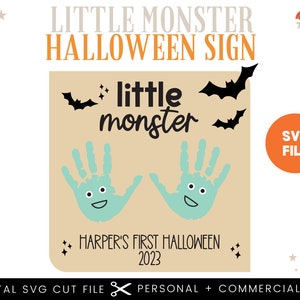 Baby&#39;s First Halloween DIY Little Monster Handprint Sign SVG File | Halloween SVG Files | Glowforge Halloween Cut File | Halloween Cut File
