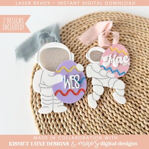 Osterei Astronaut Namensschild SVG-Datei | Ostern Junge Mädchen Korb Anhänger | Glowforge Tag zwart | Osterei-Form-Svg-Datei | Ostern Laser Cut Datei