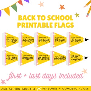 Paquete de banderas para el primer día de clases (PDF) / Banderines imprimibles para el regreso a clases / Letrero para el primer día de clases / Foto del primer día / Regreso a clases