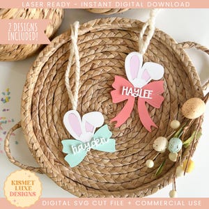 Osterhasenohren mit Schleife Namensschild SVG-Datei | Ostern Coquette Bow Tag | Glowforge Tag zwart | Osterei-Form-Svg-Datei | Ostern Laser File