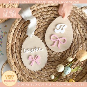 Fichier SVG oeuf de Pâques noeud oreilles de lapin | Médaillon de Pâques en forme de coeur en rotin | Étiquette Glowforge Svg | Fichier Svg en forme d'oeuf de Pâques | Lime laser de Pâques