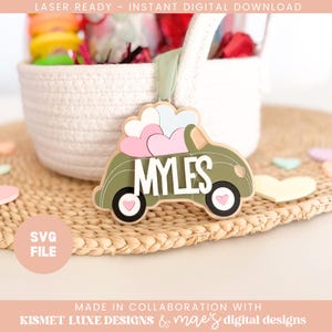 Valentijnsdag retro auto hart liefde cadeaukaartje SVG | Harttag-svg | Valentijnsdag label voor kindermand | Lasergesneden SVG-bestand voor Valentijnsdag