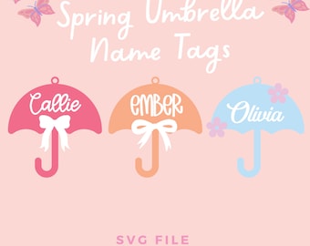 Spring Umbrella Name Tag SVG: Boho Daisy Bow, Laser Cut File (Digital Download)