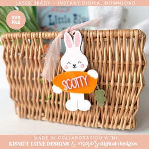 Osterhase Karotte Namensschild SVG-Datei | Ostern Junge Mädchen Korb Anhänger | Glowforge Tag zwart | Osterei-Form-Svg-Datei | Ostern Laser Cut Datei