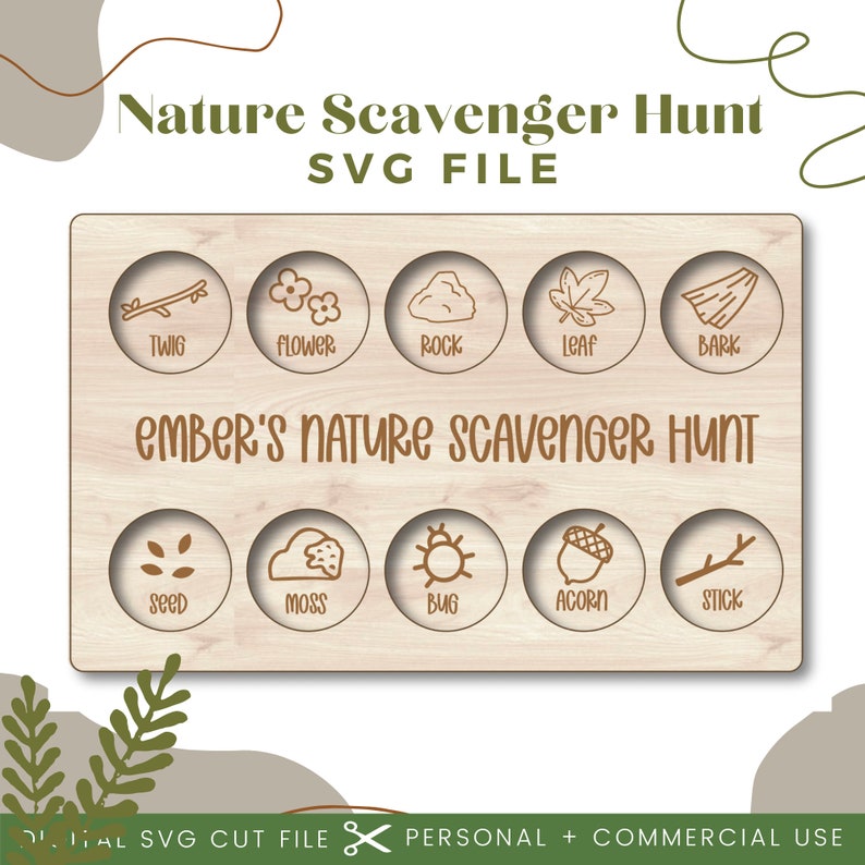May include: A wooden board with a nature scavenger hunt theme. The board has 10 circles with illustrations of nature items, such as a twig, flower, rock, leaf, bark, seed, moss, bug, acorn, and stick. The text "Ember's Nature Scavenger Hunt" is printed on the board.
