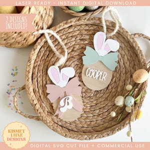 Osterei Schleife Hasenohren Namensschild SVG-Datei | Ostern Coquette Bow Tag | Glowforge Tag zwart | Osterei-Form-Svg-Datei | Ostern Laser File