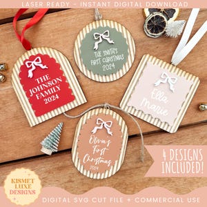Etiquetas de nome para enfeites de meia de Natal SVG | Enfeite de Natal SVG | Natal retrô | Primeiro Natal do bebê - Arquivo de corte a laser Glowforge