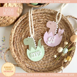 Fichier SVG d'étiquette de nom de panier de dinosaure de Pâques | Étiquette de nom de panier de Pâques | Étiquette de lapin Glowforge Svg | Fichier Svg de Pâques | Fichier découpé au laser de lapin de Pâques