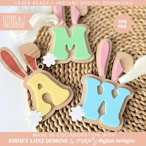 Initiale alphabet oeuf de Pâques lapin oreille nom tag fichier SVG | Étiquette de nom de panier de Pâques | Médaille lapin Glowforge | Fichier de Pâques | Fichier de Pâques découpé au laser