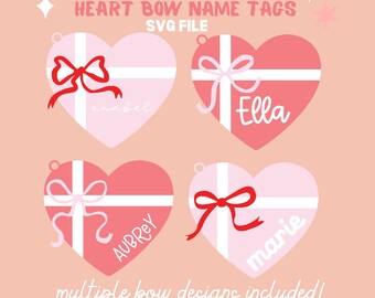 Heart Bow Basket Name Tag SVG Cut File | Preppy Red Bow SVG | Red Cherries Glowforge File | Coquette Aesthetic Laser Cut File | Cherry SVG