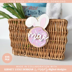 Osterhase Donut Namensschild SVG-Datei | Ostern Junge Mädchen Korb Anhänger | Glowforge Tag zwart | Osterei-Form-Svg-Datei | Ostern Laser Cut Datei