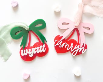 Cherry Bow Name Tag SVG: Preppy Coquette Laser Cut File (Digital Download)