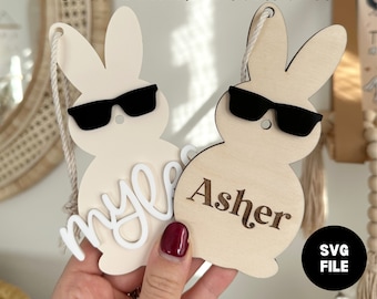 Cool Sunglass Easter Bunny Nom Tag Fichier SVG | Étiquette de nom de panier de Pâques | Étiquette de lapin Glowforge SVG | Fichier SVG de Pâques | Fichier découpé au laser de Pâques