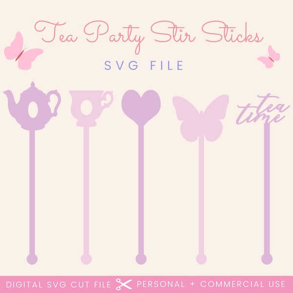 Tea Party Drink Stir Sticks SVG | Glowforge Drink Stir Stick Svg | Butterfly Heart Teapot Svg File | Tea Cup Laser Cut File | SVG | PNG