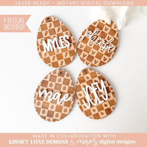 Ostern Karierte Ei Namensschild SVG-Datei | Ostern Junge Mädchen Korb Anhänger | Glowforge Tag zwart | Osterei-Form-Svg-Datei | Ostern Laser Cut Datei