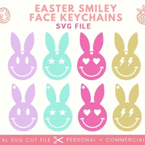 Ostern Smiley Gesicht Bunny Ohr Schlüsselbund SVG | Smiley Taschenanhänger SVG | Retro Schlüsselanhänger | Lächeln Schlüsselring | Flower-Power | Niedliches Mädchen Freund Geschenk BFF