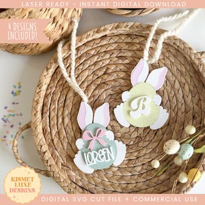 Fichier SVG oeuf de Pâques noeud oreilles de lapin | Étiquette coquette de Pâques | Étiquette Glowforge Svg | Fichier Svg en forme d'oeuf de Pâques | Lime laser de Pâques
