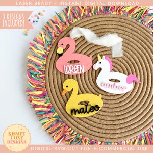 Sommer Pool Floatie Flamingo Einhorn Namensschild SVG | Laserfertiges Namensschild | Sommer Korb Namensschild SVG | Digitaler Download | Glowforge-Datei