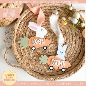 Fichier SVG d'étiquette de nom de lapin de Pâques sur roues | Carotte de Pâques | Tag coeur Glowforge Svg | Fichier Svg en forme d'oeuf de Pâques | Fichier de Pâques découpé au laser