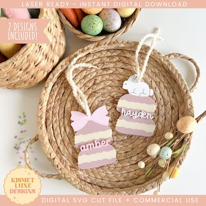 Paashaas Macaron Bow Bunny Ears naamplaatje SVG-bestand | Paasstrik Girly Tag | Glowforge Tag Svg | Paasei Svg-bestand | Laserbestand voor Pasen