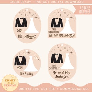 Premier Noël en tant que Mr et Mme ornement fichier SVG | Ornement de Noël pour jeunes mariés Svg | Ornement de mariage SVG | Notre premier Noël SVG Glowforge