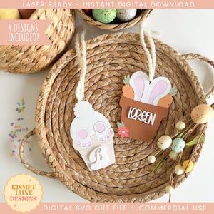 Osterhasenohren Karotte Namensschild SVG-Datei | Ostern Kokette Hase Anhänger | Glowforge Tag zwart | Osterei-Form-Svg-Datei | Ostern Laser File