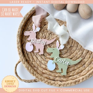 Ostern Dinosaurier Korb Namensschild SVG-Datei | Osternest Namensschild | Glowforge Kaninchen-Tag-Svg | Ostern-Svg-Datei | Osterhase Laser Cut Datei